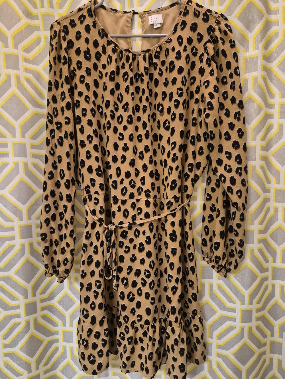 a new day Black and Tan Leopard Print Long Sleeve Tie-Waist Dress